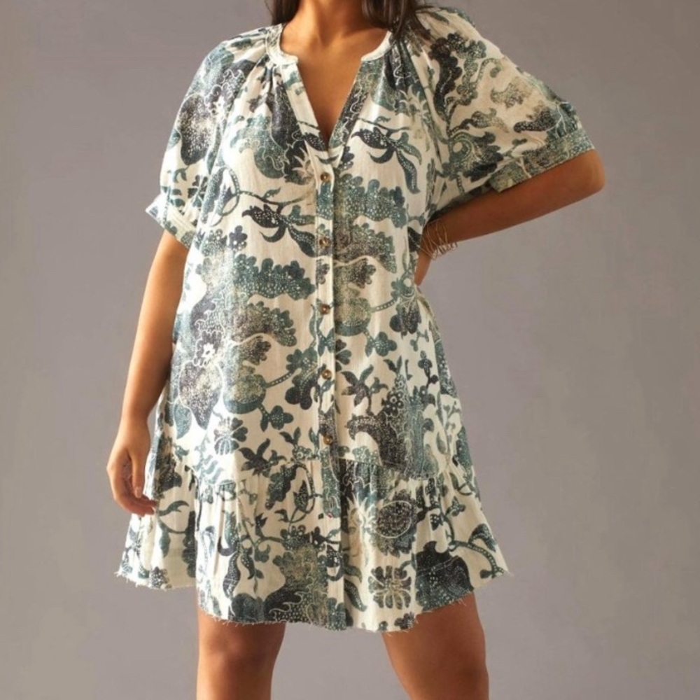 Anthropologie Pilcro Dress Teal Cream Distressed Cotton Linen Paisley Medium